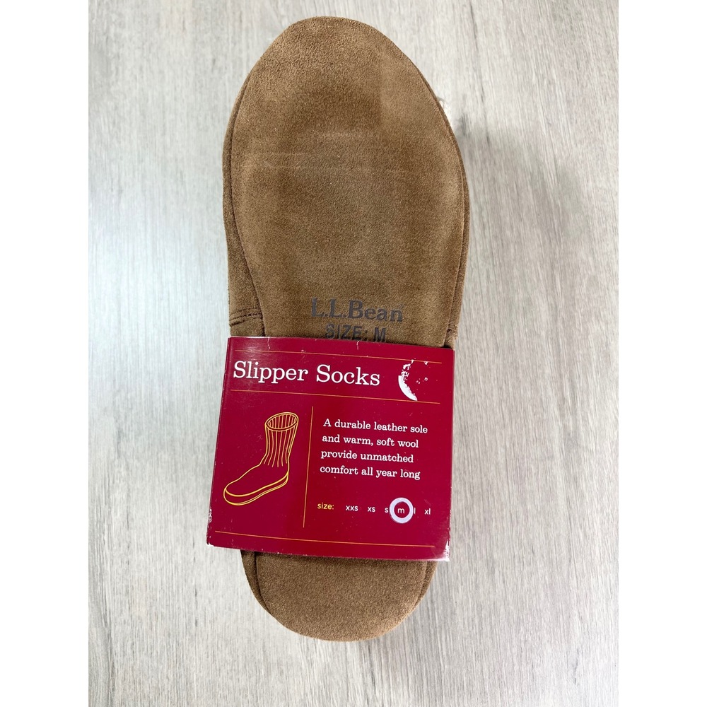 LL Bean Slipper Socks Brown Leather Suede Sole Lambswool Blend Size Medium NEW